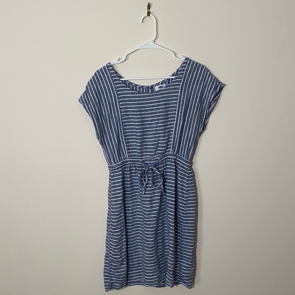 Old Navy Linen Blue and White Striped Draw String Waist Dress S